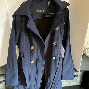 GUESS Women's Navy Blue Trench Coat with Detachable Hood